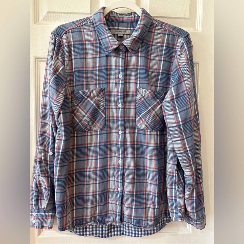 Marc New York Women's Large Long Sleeve Flannel Shirt Plaid Blue Multi